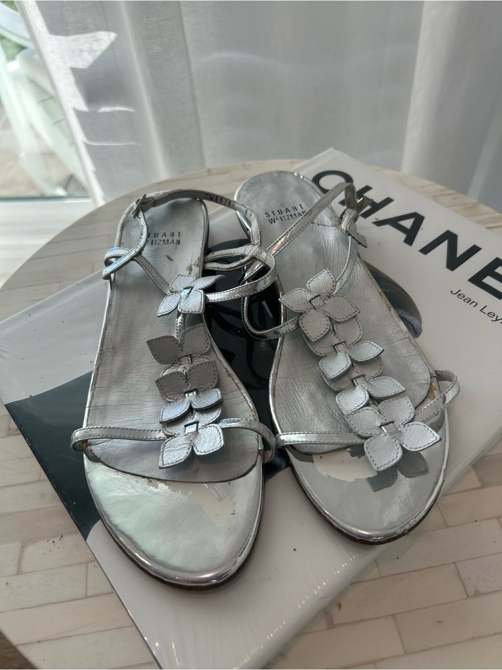 Stuart Weitzman Metallic Silver Floral Appliqué Leather Sandals
